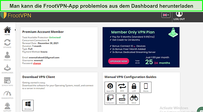 Screenshot des FrootVPN-Dashboards.