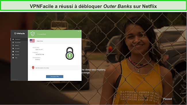 Capture d'écran de VPNFacile débloquant Outer Banks sur Netflix.