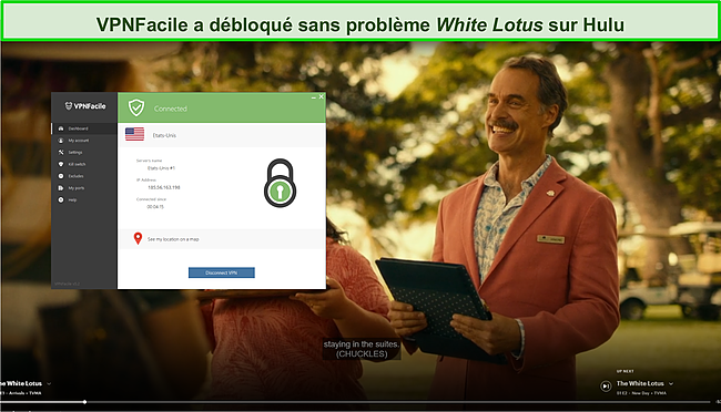 Capture d'écran de VPNFacile débloquant White Lotus sur Hulu.