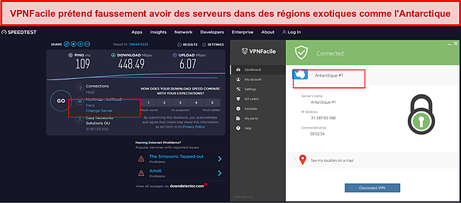 Capture d'écran montrant que le serveur Antarctique de VPNFacile passe par Paris.