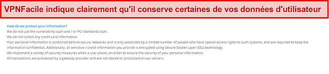 Capture d'écran de la politique de confidentialité de VPNFacile.
