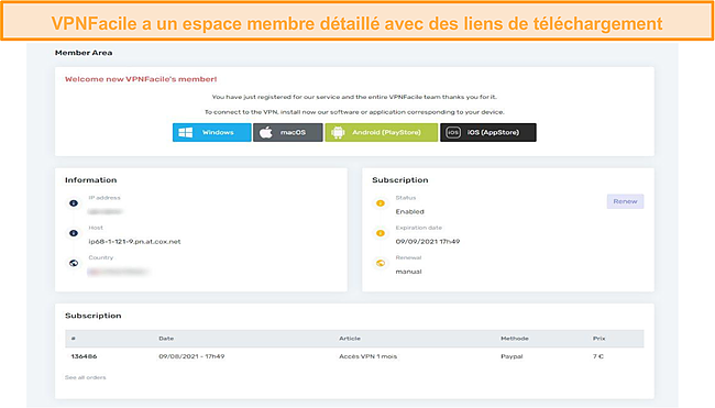 Capture d'écran de l'espace membre de VPNFacile.