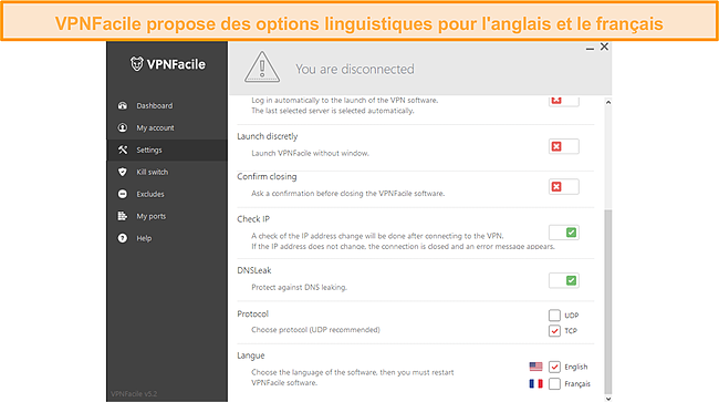 Capture d'écran de la page des paramètres de VPNFacile.