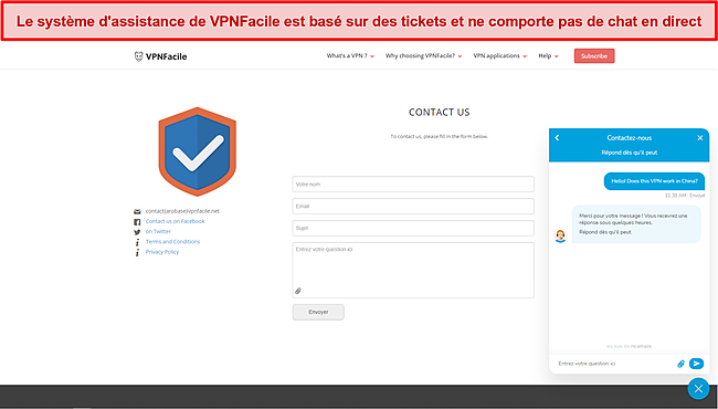 Capture d'écran de la page d'assistance de VPNFacile.