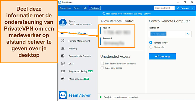 Screenshot van het startscherm van TeamViewer in Windows.