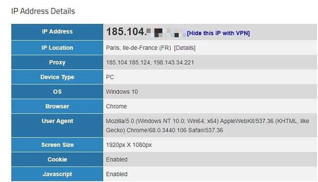 Screenshot of IP Address Details from exposed IP address