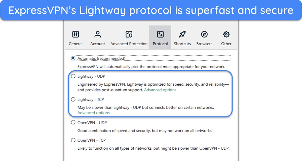 Screenshot showing the Lightway protocol in ExpressVPN's settings