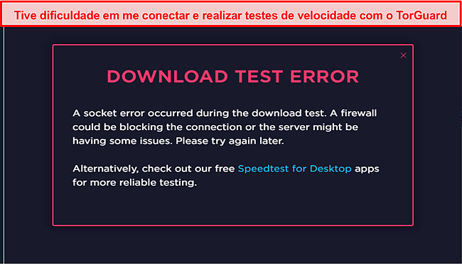Captura de tela de uma mensagem de erro de teste de velocidade.