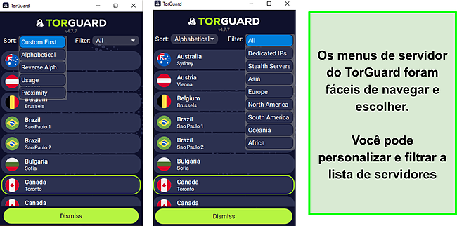 Captura de tela dos menus e opções do servidor do TorGuard.