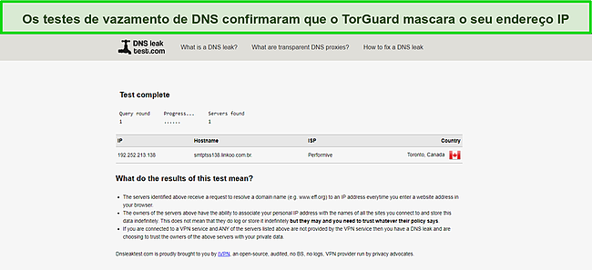 Captura de tela de um teste de vazamento de DNS bem-sucedido com TorGuard.