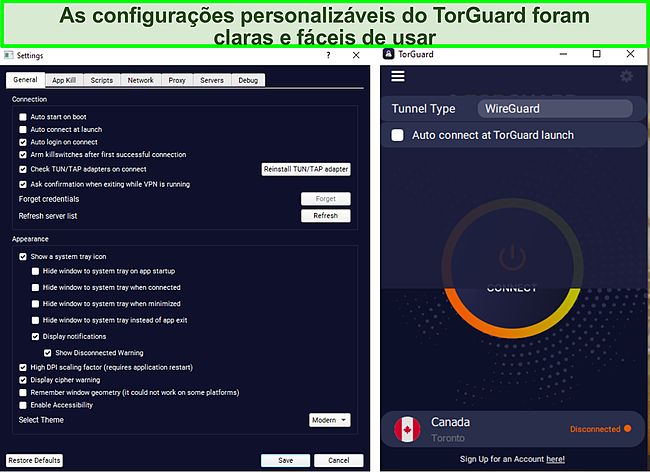 Captura de tela do menu de configurações do TorGuard.