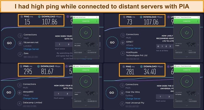 Screenshot of Ookla speed test results with PIA connected to different servers.