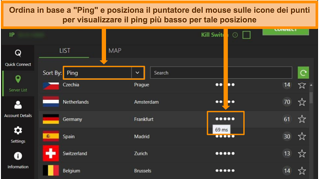 Screenshot dell'elenco dei server IPVanish nell'app Windows, che evidenzia i server ordinati per ping e la latenza più bassa disponibile in quella regione.