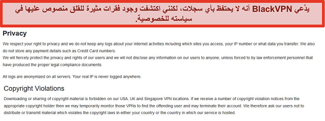 لقطة شاشة لقسمي انتهاكات الخصوصية وحقوق النشر في شروط خدمة BlackVPN