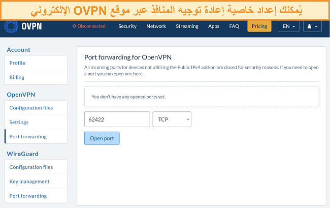 لقطة شاشة لخيار إعادة توجيه المنفذ على OVPN