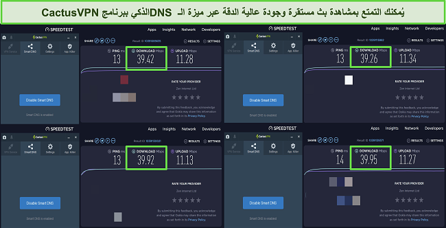 لقطة شاشة لأربعة اختبارات سرعة أثناء الاتصال بخوادم DNS الذكية الخاصة بـ CactusVPN