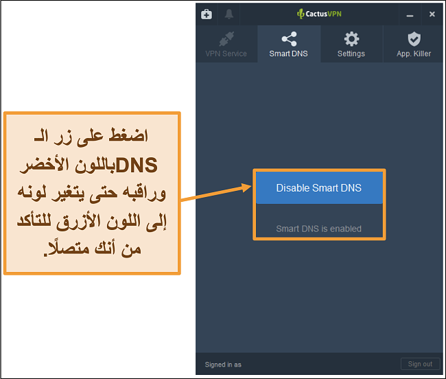 لقطة شاشة لواجهة CactusVPN توضح كيفية تمكين DNS الذكي