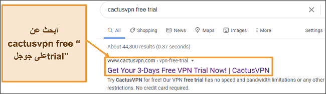 لقطة شاشة توضح كيفية العثور على الإصدار التجريبي المجاني من CactusVPN على Google