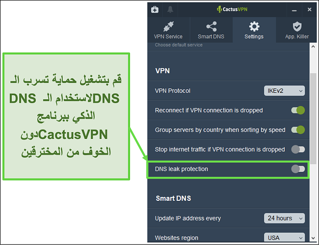 لقطة شاشة توضح كيفية تمكين الحماية من تسرب DNS