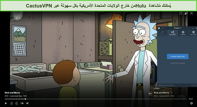 لقطة شاشة لـ Rick and Morty وهم يتدفقون بنجاح على Hulu مع اتصال CactusVPN