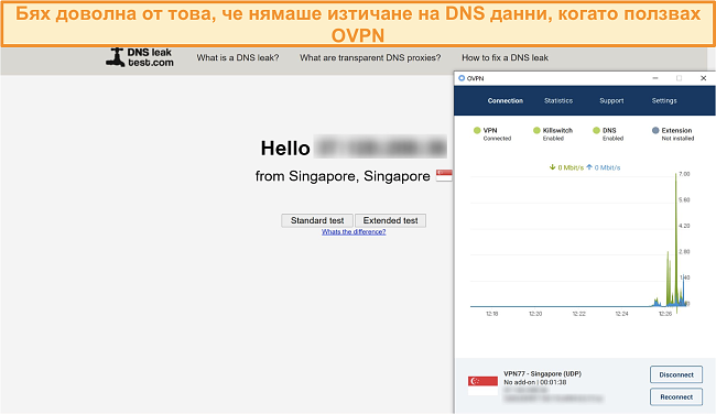 Екранна снимка на OVPN, преминаваща тест за изтичане на DNS