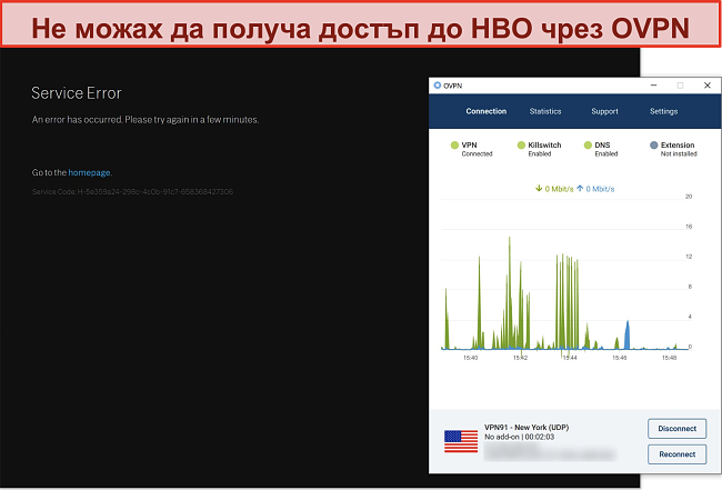 Екранна снимка на блокиране на OVPN от HBO