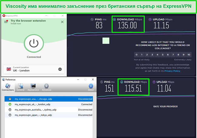 Екранна снимка на резултатите от теста за скорост, докато сте свързани с британските сървъри на Express VPN чрез Viscosity и ExpressVPN