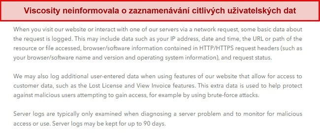 Snímek obrazovky Zásad ochrany osobních údajů společnosti ViscosityAlt text: Snímek obrazovky zásad ochrany osobních údajů společnosti Viscosity