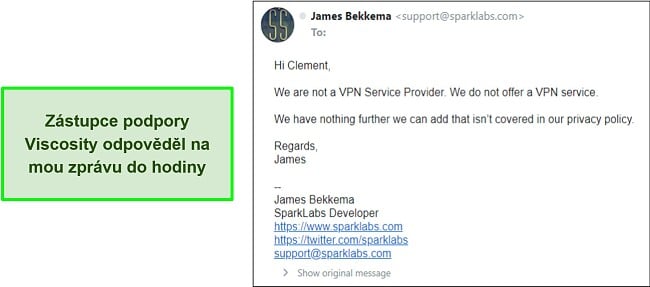 Snímek obrazovky s odpovědí zákaznického servisu Viscosity na můj e-mail