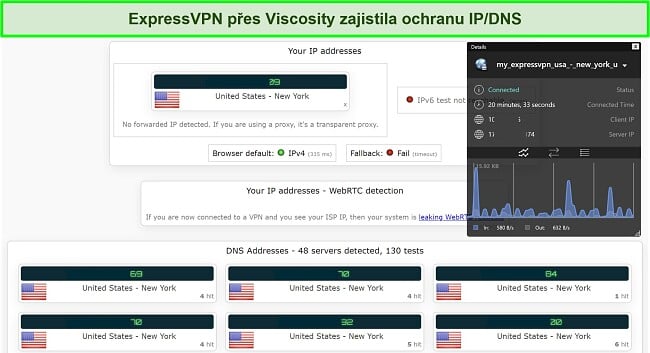 Snímek obrazovky úspěšného testu úniku IP a DNS při připojení k serveru v New Yorku