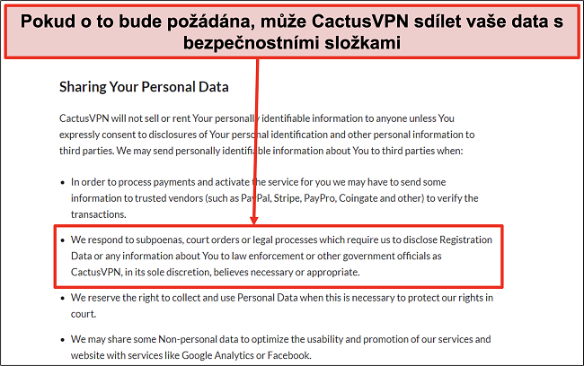 Screenshot ze zásad ochrany osobních údajů CactusVPN, který ukazuje, že předají vaše data