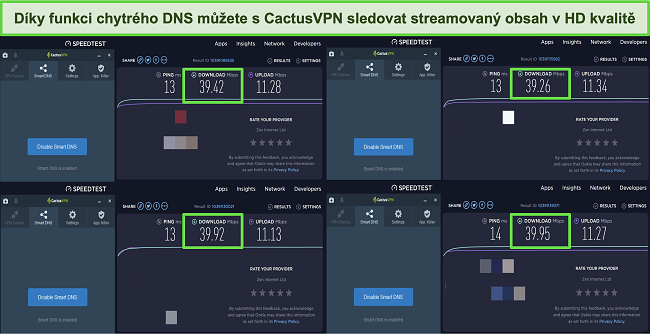 Screenshot ze 4 testů rychlosti při připojení k inteligentním serverům DNS CactusVPN