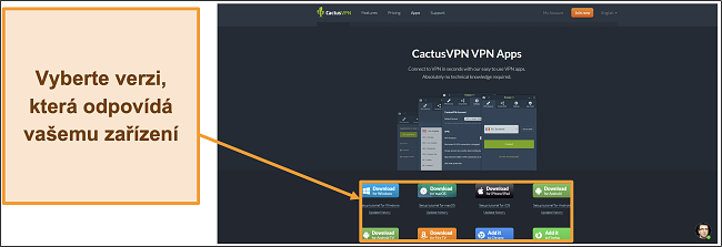Screenshot ukazující, kam stáhnout požadovanou verzi CactusVPN z jejích webových stránek