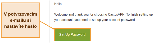 Screenshot zobrazující potvrzovací e-mail od CactusVPN k vytvoření hesla pro váš účet