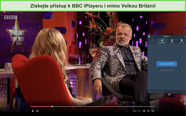 Screenshot z The Graham Norton Show úspěšně streamovaného na BBC iPlayer s připojeným CactusVPN