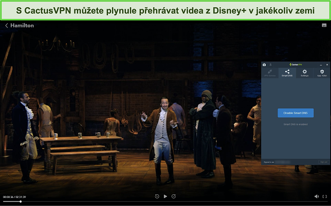 Screenshot Hamiltona úspěšně streamovaného na Disney + s připojeným CactusVPN