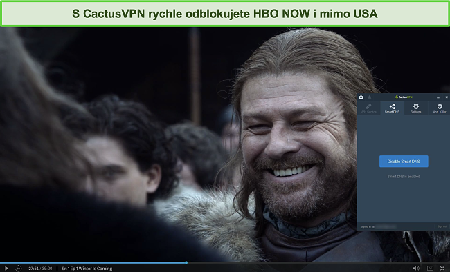 Screenshot z Game of Thrones úspěšně streamovaného na HBO TEĎ s připojeným CactusVPN