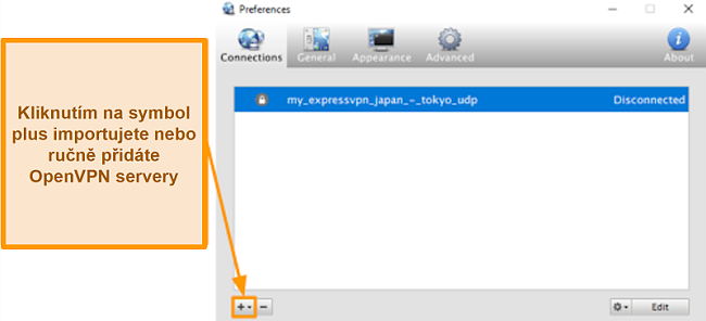 Screenshot aplikace Viscosity ukazující, jak přidat servery OpenVPN