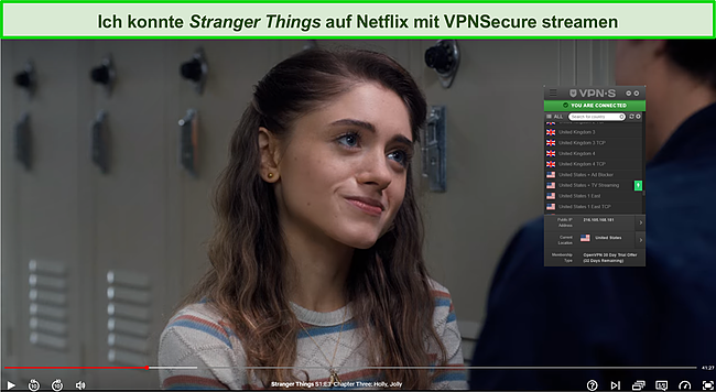 Screenshot von VPNSecure, das Fremde Dinge auf Netflix entsperrt.