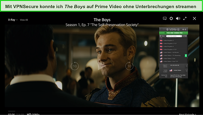 Screenshot von VPNSecure, das The Boys auf Prime Video entsperrt.