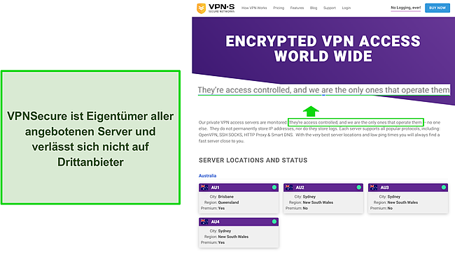 Screenshot der Serverliste von VPNsecure.