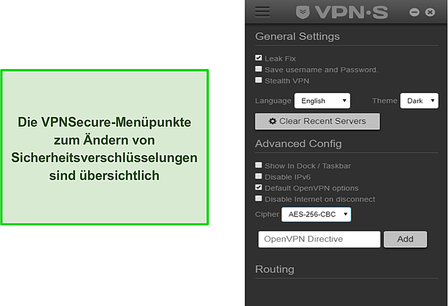 Screenshot des In-App-Konfigurationsmenüs von VPNSecure.