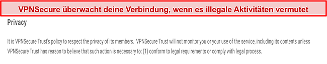 Screenshot der Datenschutzrichtlinie von VPNSecure.