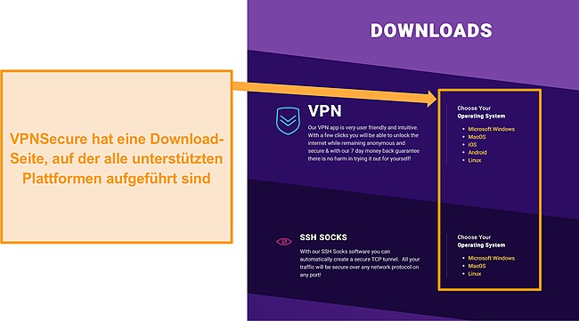 Screenshot der Download-Seite von VPNSecure.