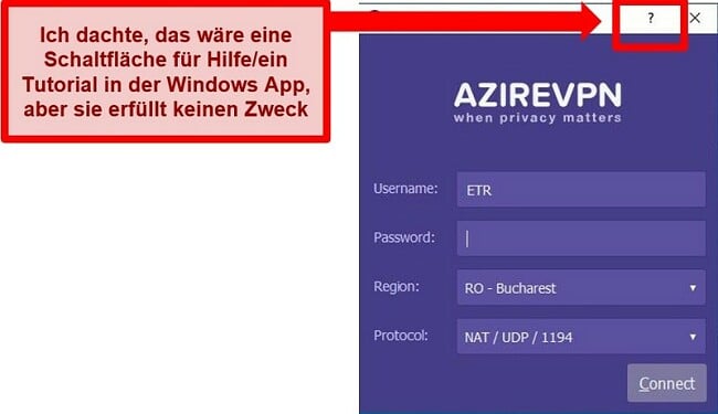  Screenshot des Startbildschirms der Benutzeroberfläche von AzireVPN