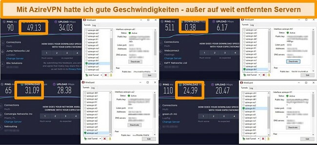 Screenshot von 4 Geschwindigkeitstests, während eine Verbindung zu AzireVPN-Servern besteht