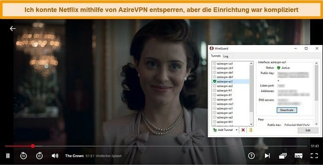 Screenshot von The Crown, der auf Netflix abgespielt wird, während AzireVPN über den WireGuard-Client mit einem Server in Spanien verbunden ist