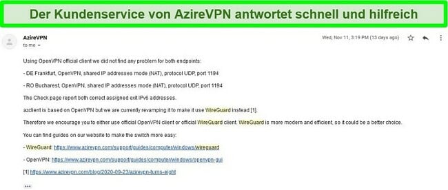 Screenshot der AzireVPN-Unterstützung, die auf ein Hilfeanforderungsticket reagiert