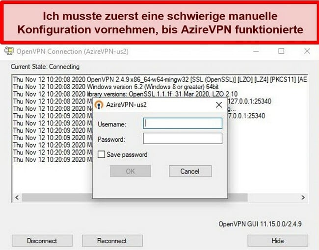  Screenshot der Anmeldeaufforderung von AzireVPN bei Verwendung des OpenVPN-Clients