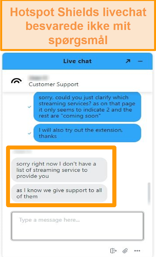Skærmbillede af en Hotspot Shield live chat-agent, der ikke kan besvare mit spørgsmål